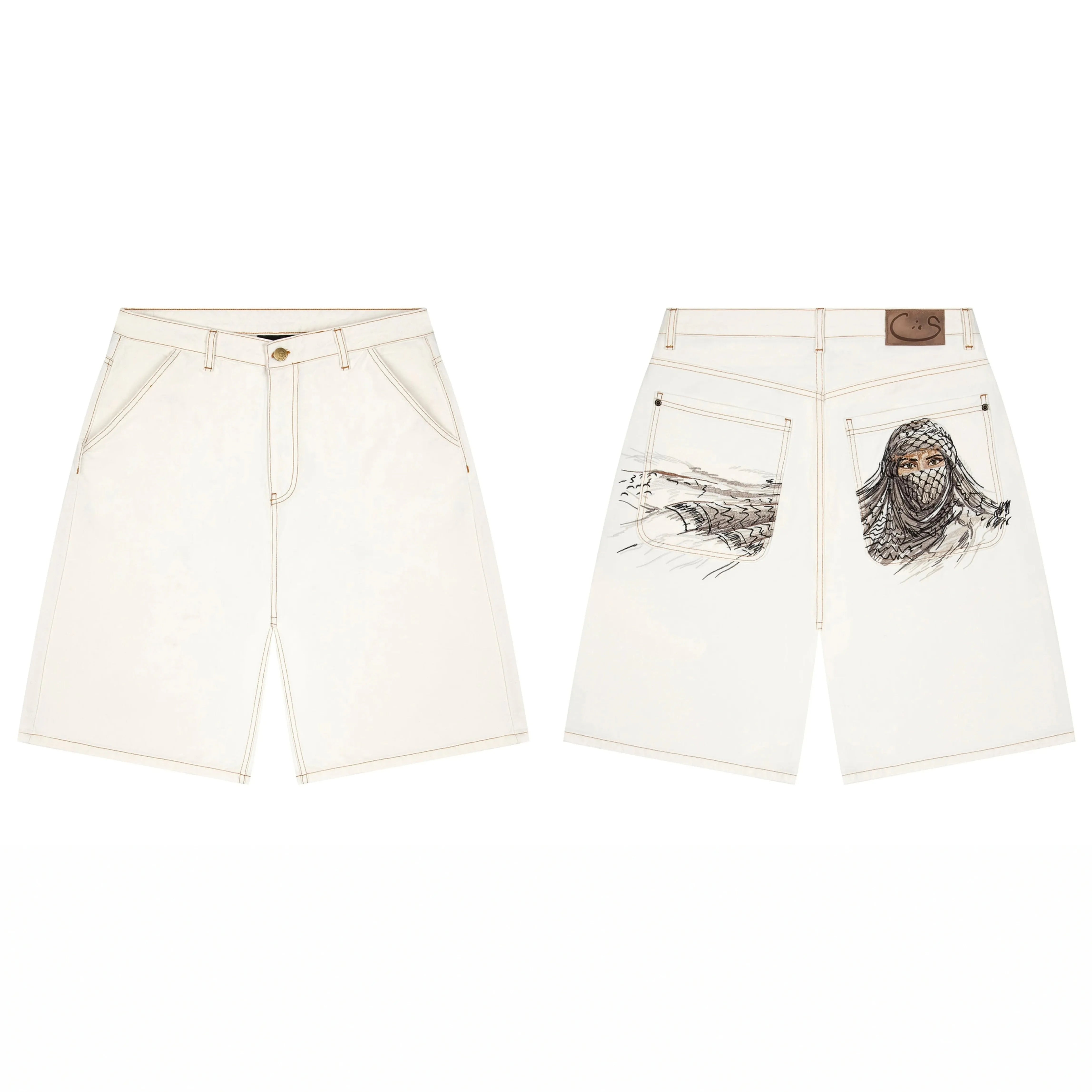 Derschutze Desert Portrait Embroidery Denim Shorts - Off-White