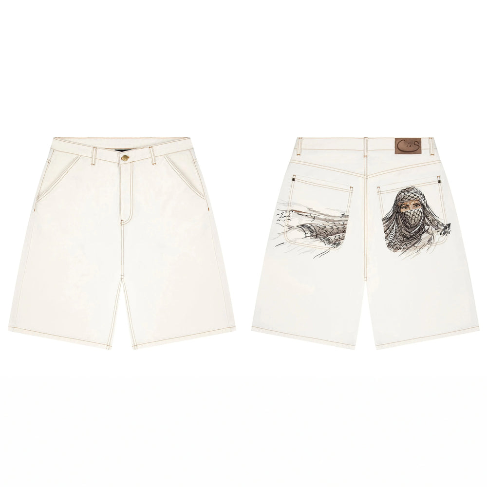 Derschutze Desert Portrait Embroidery Denim Shorts - Off-White
