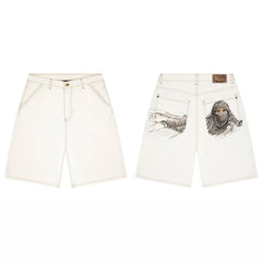 Derschutze Desert Portrait Embroidery Denim Shorts - Off-White