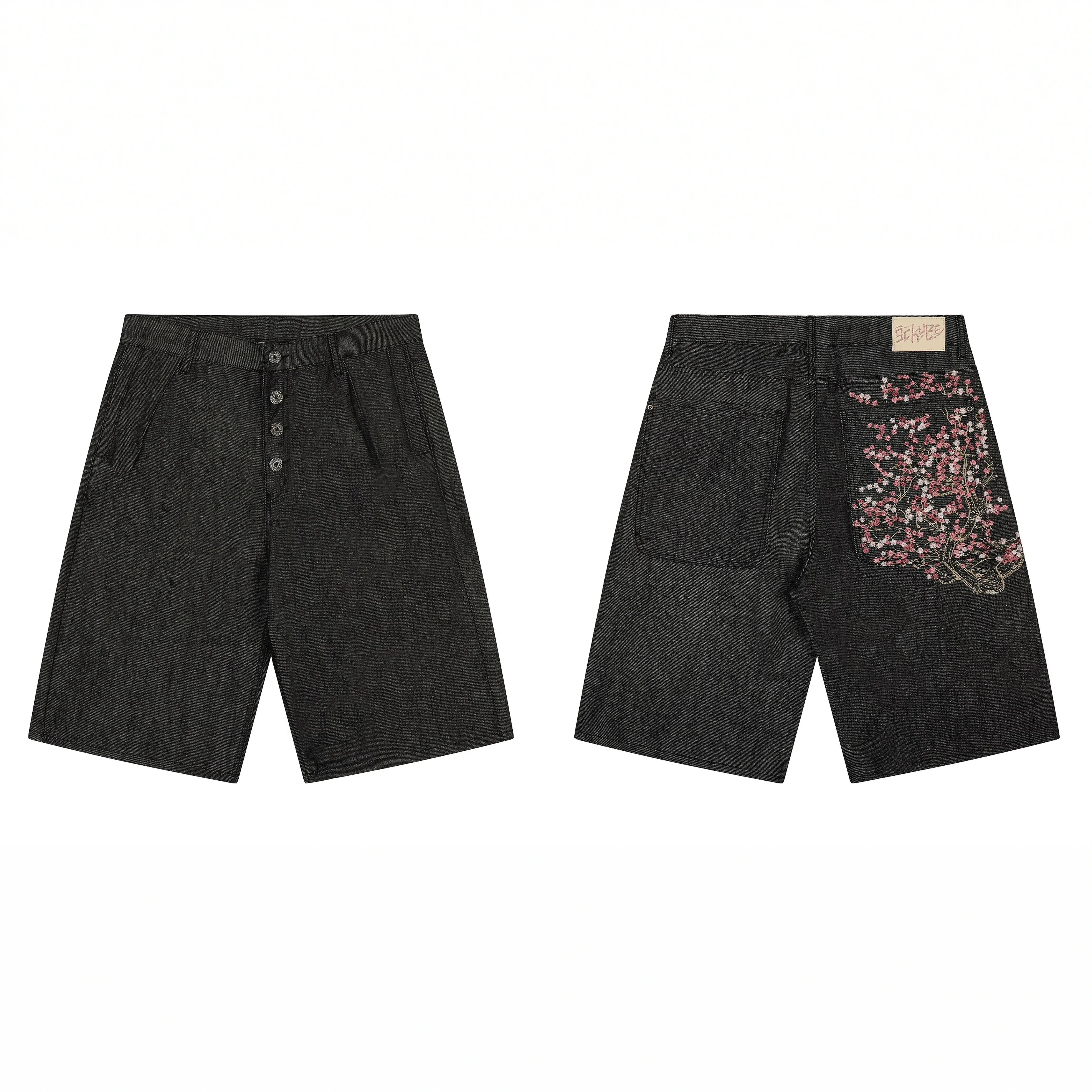 Derschutze Floral Bouquet Embroidery Denim Shorts - Charcoal Grey