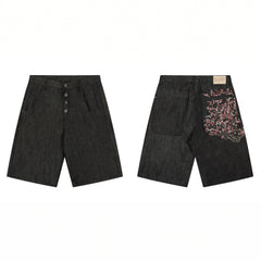 Derschutze Floral Bouquet Embroidery Denim Shorts - Charcoal Grey