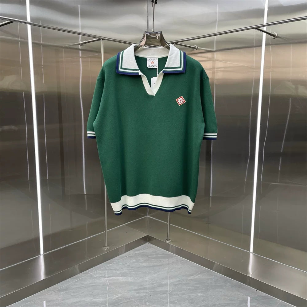 Casablanca Contrast Collar Knit Polo Shirt - Dark Green / White