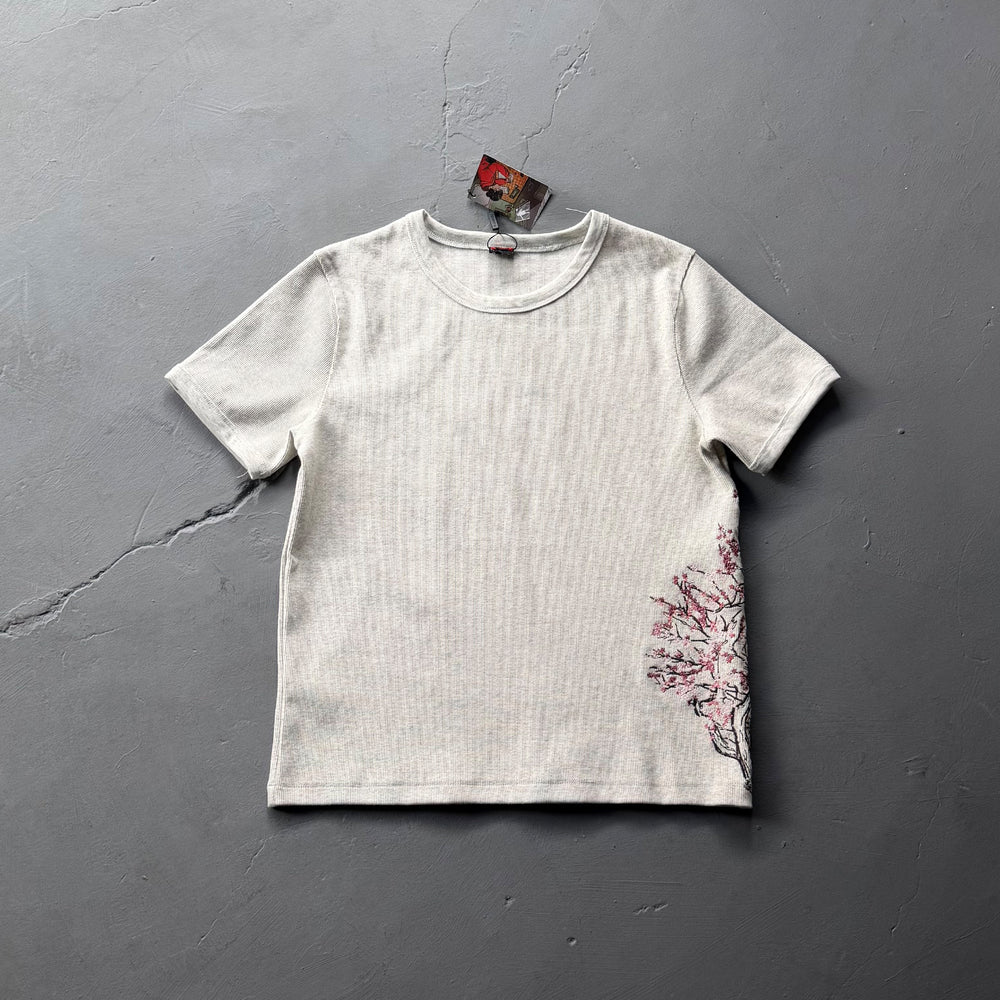 Derschutze Ribbed Side Floral Embroidery Short-Sleeve Tee - Cream