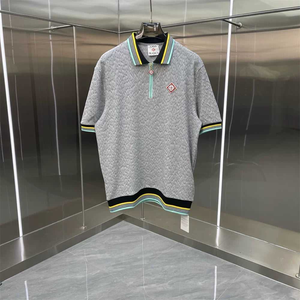 Casablanca Diamond Monogram Knit Polo Shirt - Heather Grey