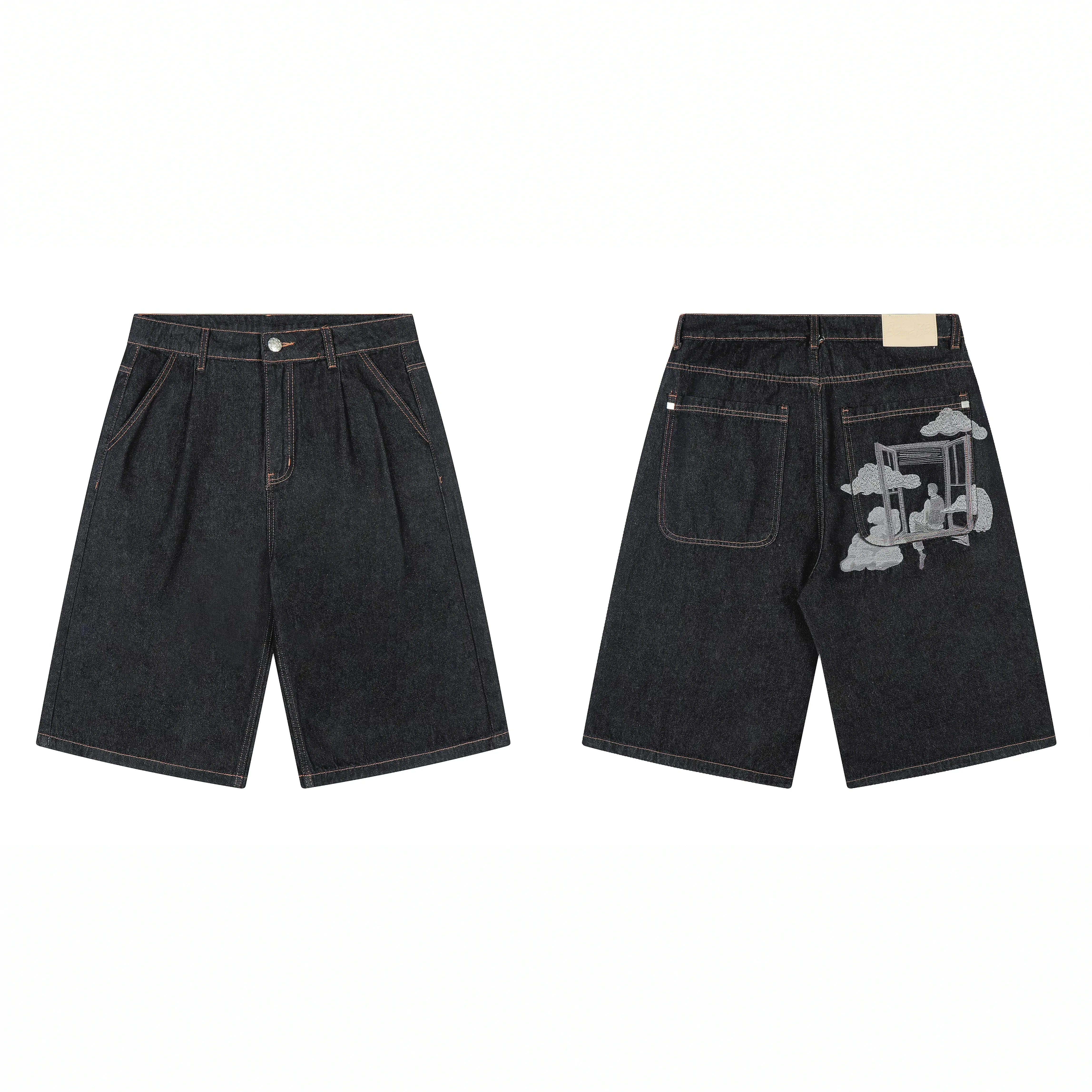 Derschutze Architectural Landscape Embroidery Denim Shorts - Black