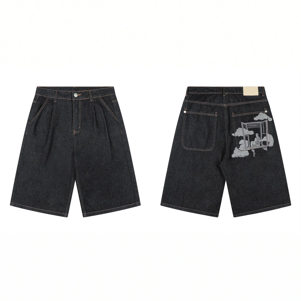 Derschutze Architectural Landscape Embroidery Denim Shorts - Black