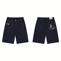 Derschutze Cherry Blossom Embroidery Denim Shorts - Dark Blue