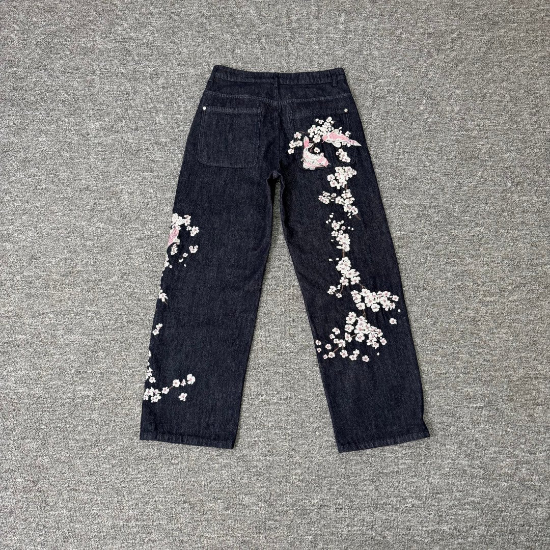 Derschutze Full-Length Cherry Blossom Branch Embroidery Jeans - Dark Blue