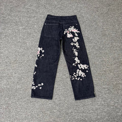 Derschutze Full-Length Cherry Blossom Branch Embroidery Jeans - Dark Blue