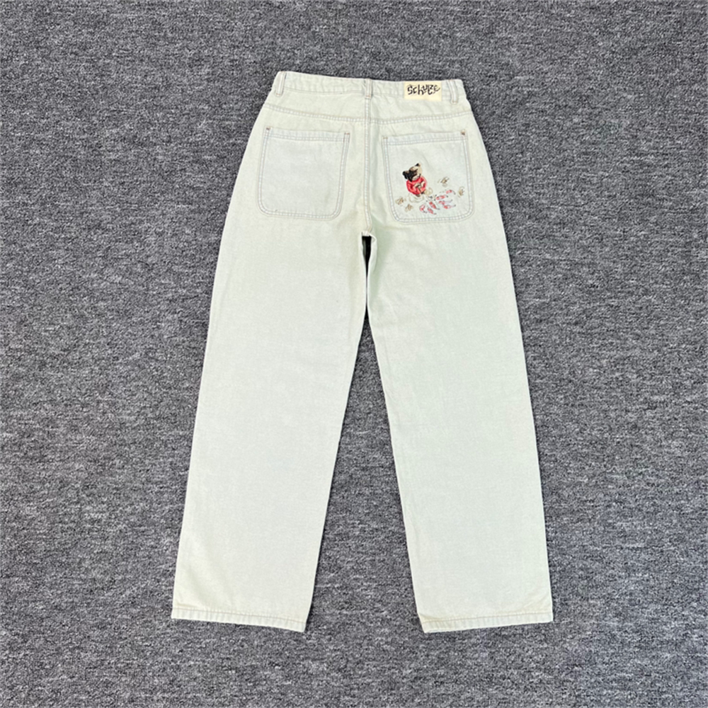 Derschutze Cherry Blossom Embroidery Straight Jeans - Off-White/Light Wash