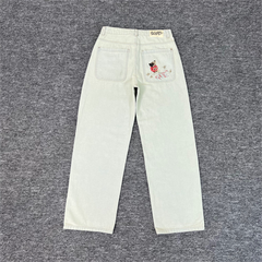 Derschutze Cherry Blossom Embroidery Straight Jeans - Off-White/Light Wash
