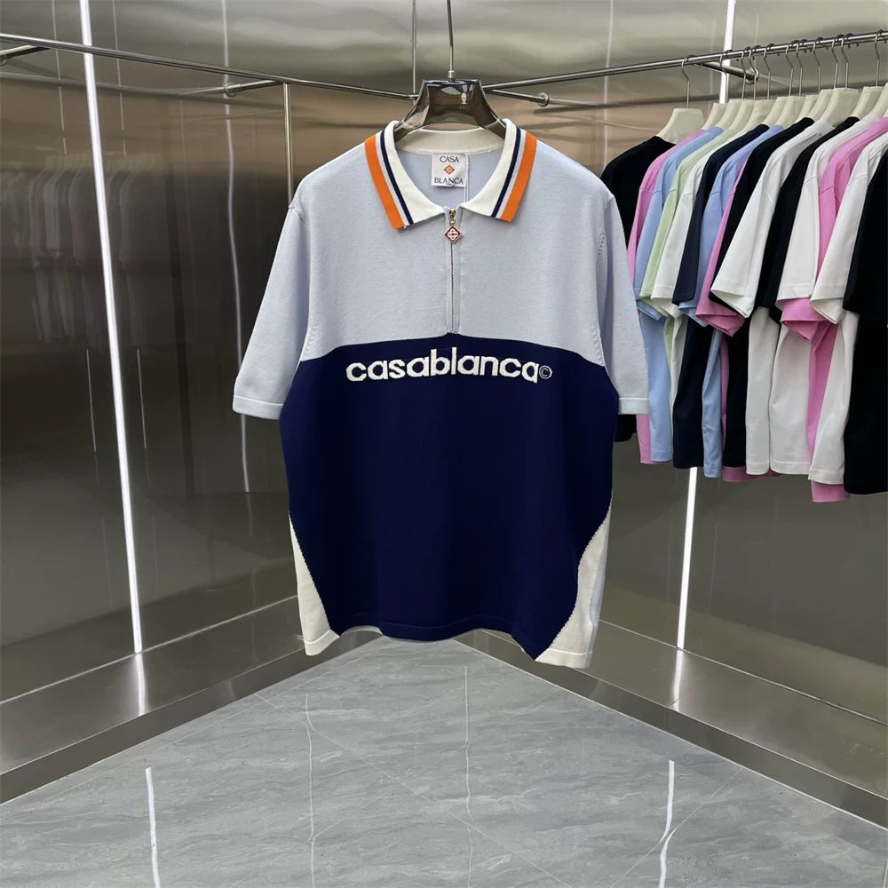 Casablanca Colorblock "Casablanca" Logo Knit Polo Shirt - Grey / Navy
