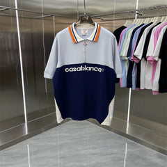 Casablanca Colorblock "Casablanca" Logo Knit Polo Shirt - Grey / Navy