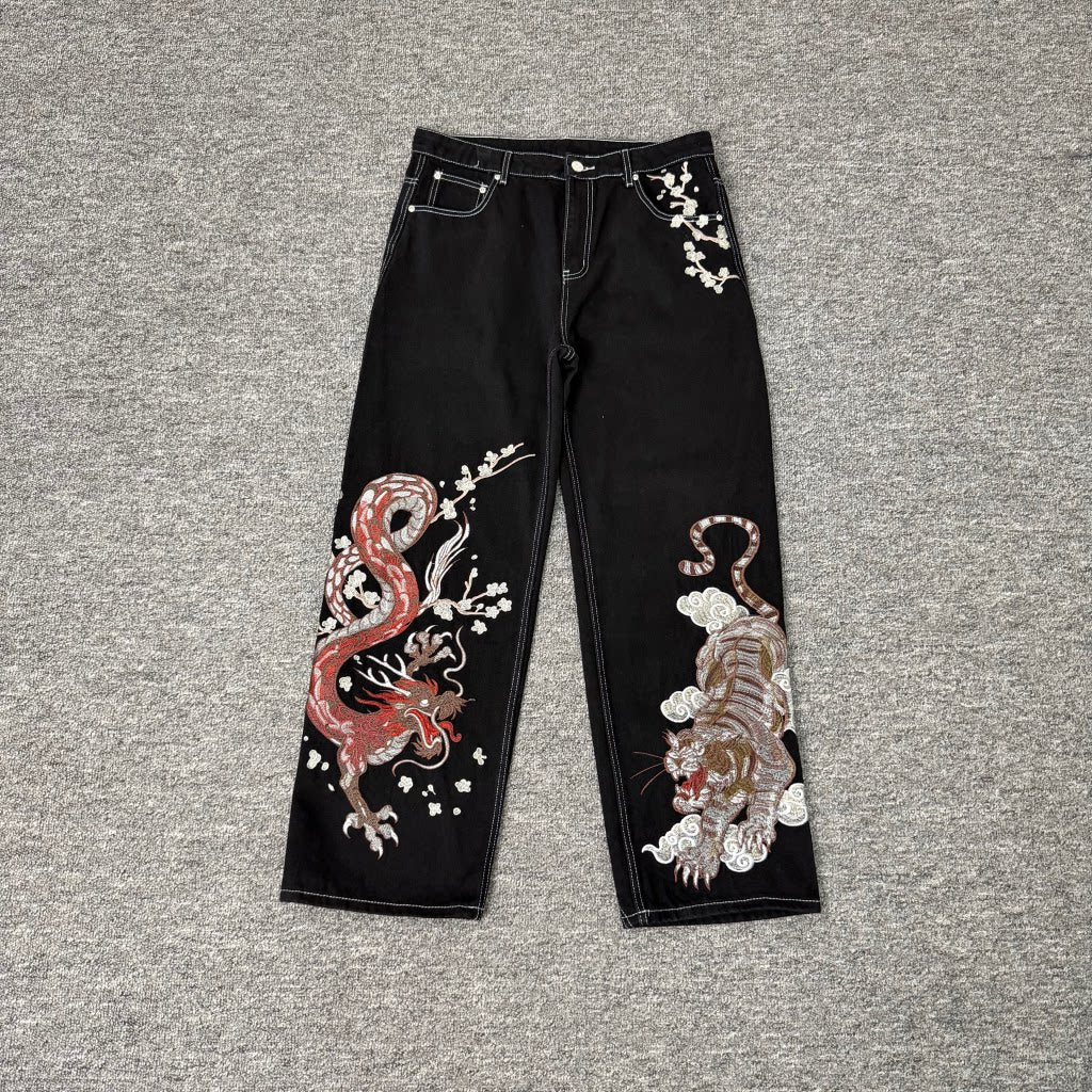 Derschutze Dragon & Tiger Embroidery Straight Jeans - Black