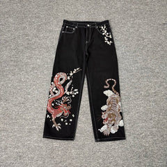Derschutze Dragon & Tiger Embroidery Straight Jeans - Black