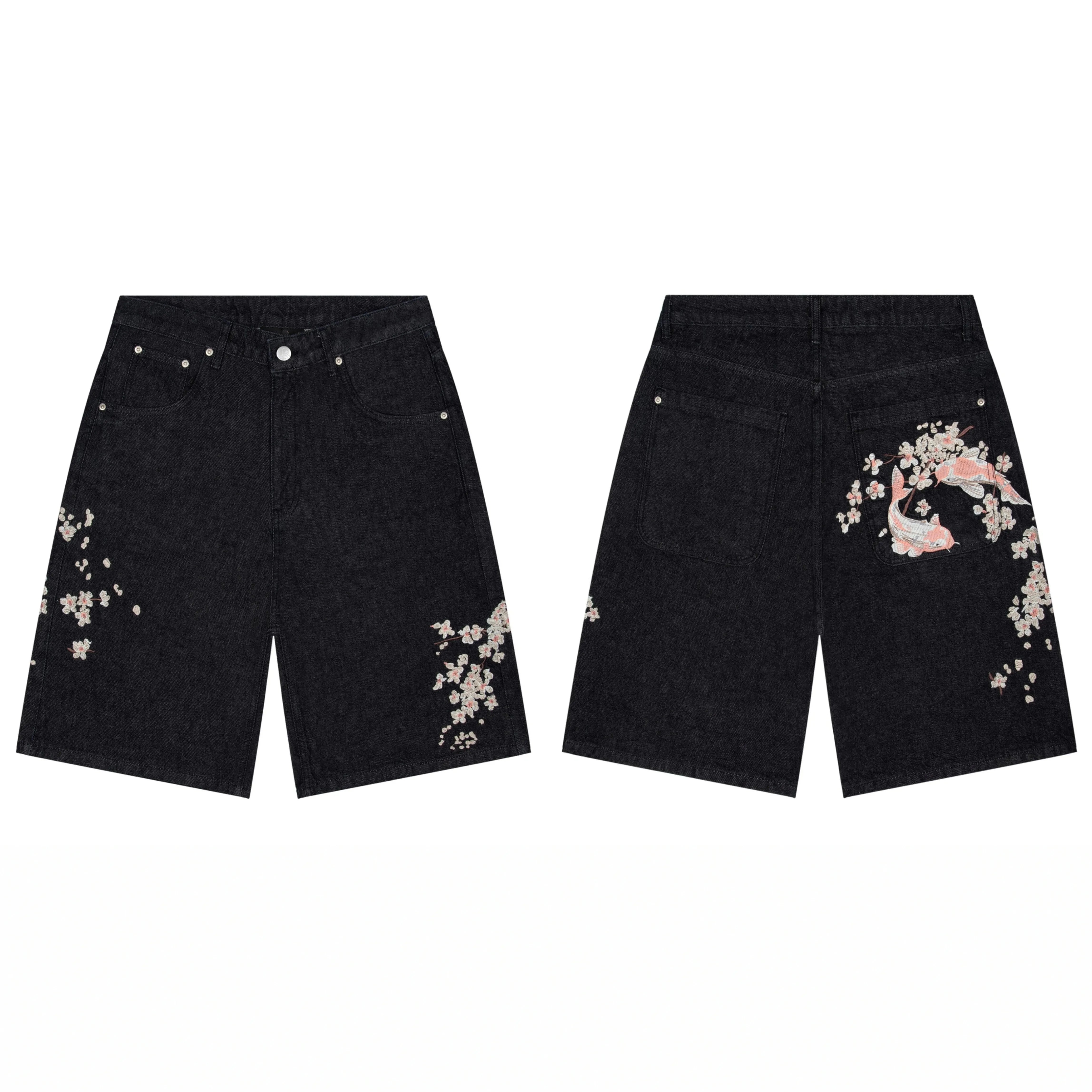 Derschutze Koi Fish & Cherry Blossom Embroidery Denim Shorts - Black