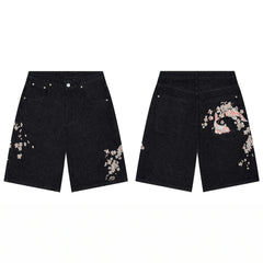 Derschutze Koi Fish & Cherry Blossom Embroidery Denim Shorts - Black