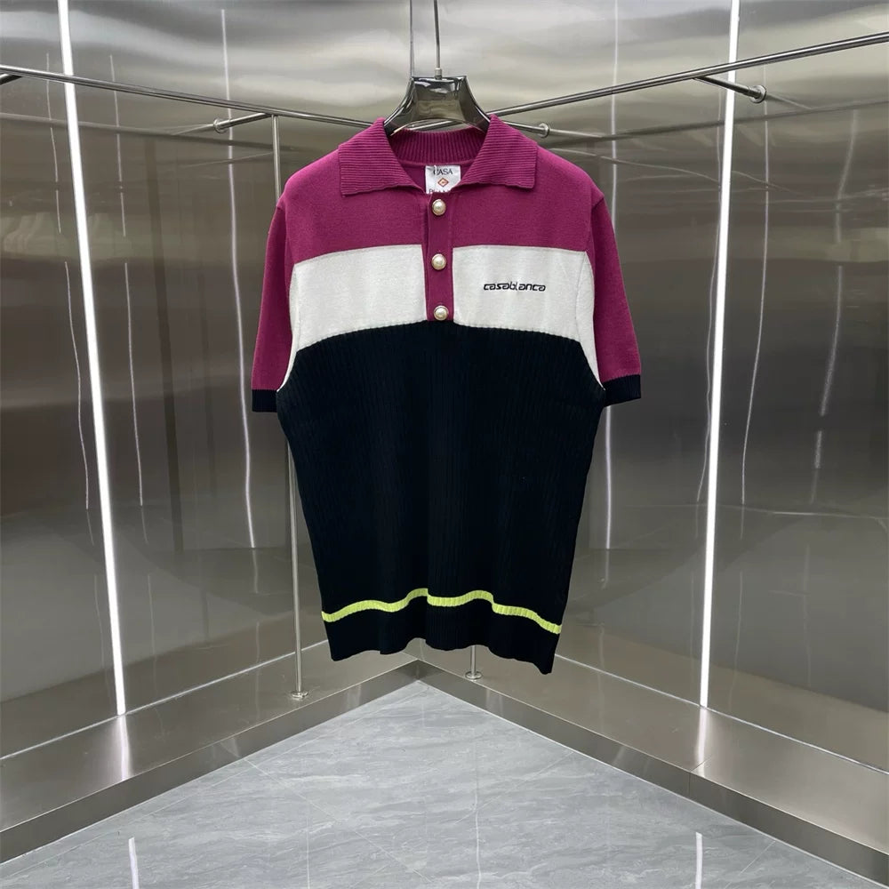 Casablanca Colorblock Knit Polo Shirt - Burgundy / White / Navy