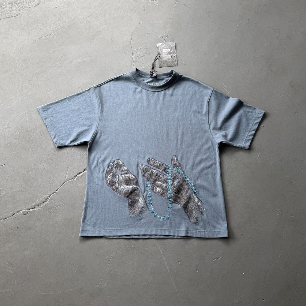 Derschutze Praying Hands & Blue Beads Graphic T-Shirt - Blue