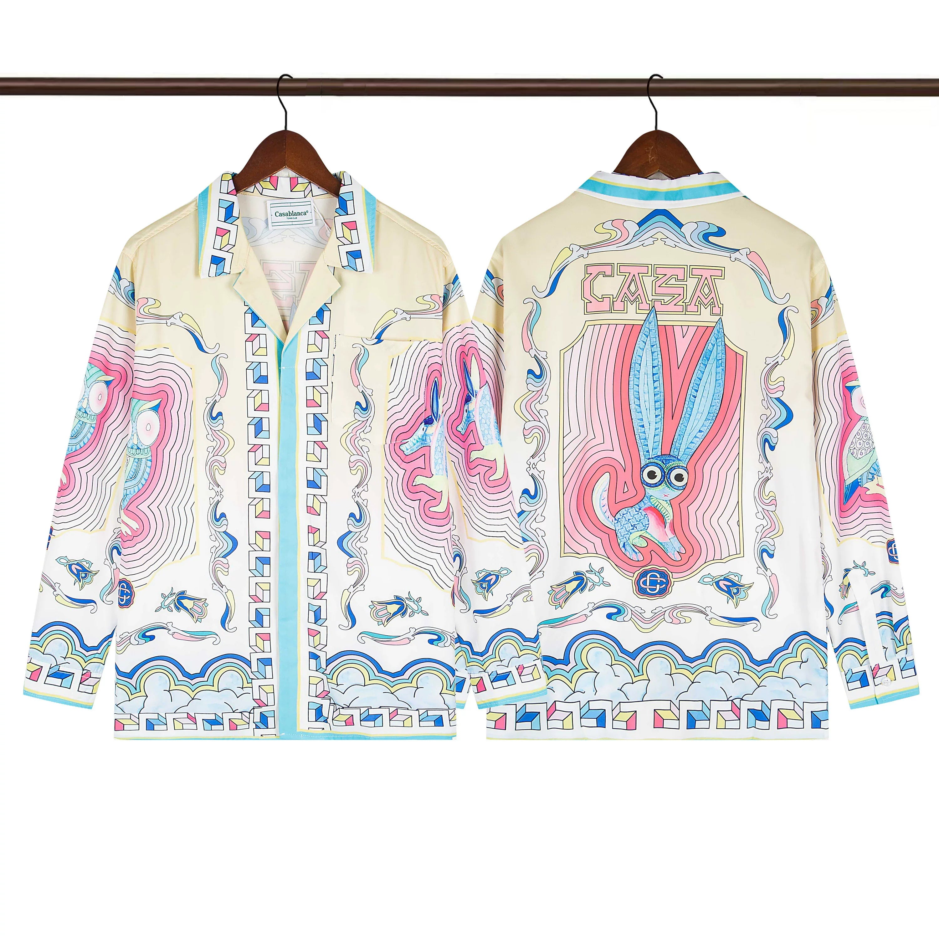Casablanca Folkloric Rabbit & Baroque Silk-Style Shirt - Cream / Blue