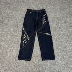 Derschutze Panel Floral Embroidery Straight Jeans - Dark Blue