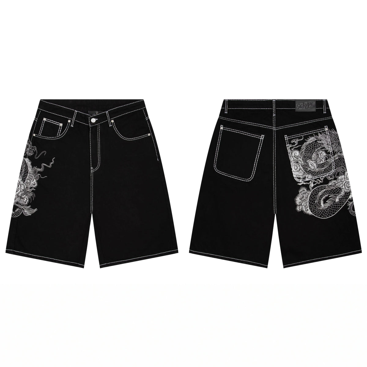 Derschutze Dragon Totem Embroidery Denim Shorts - Black
