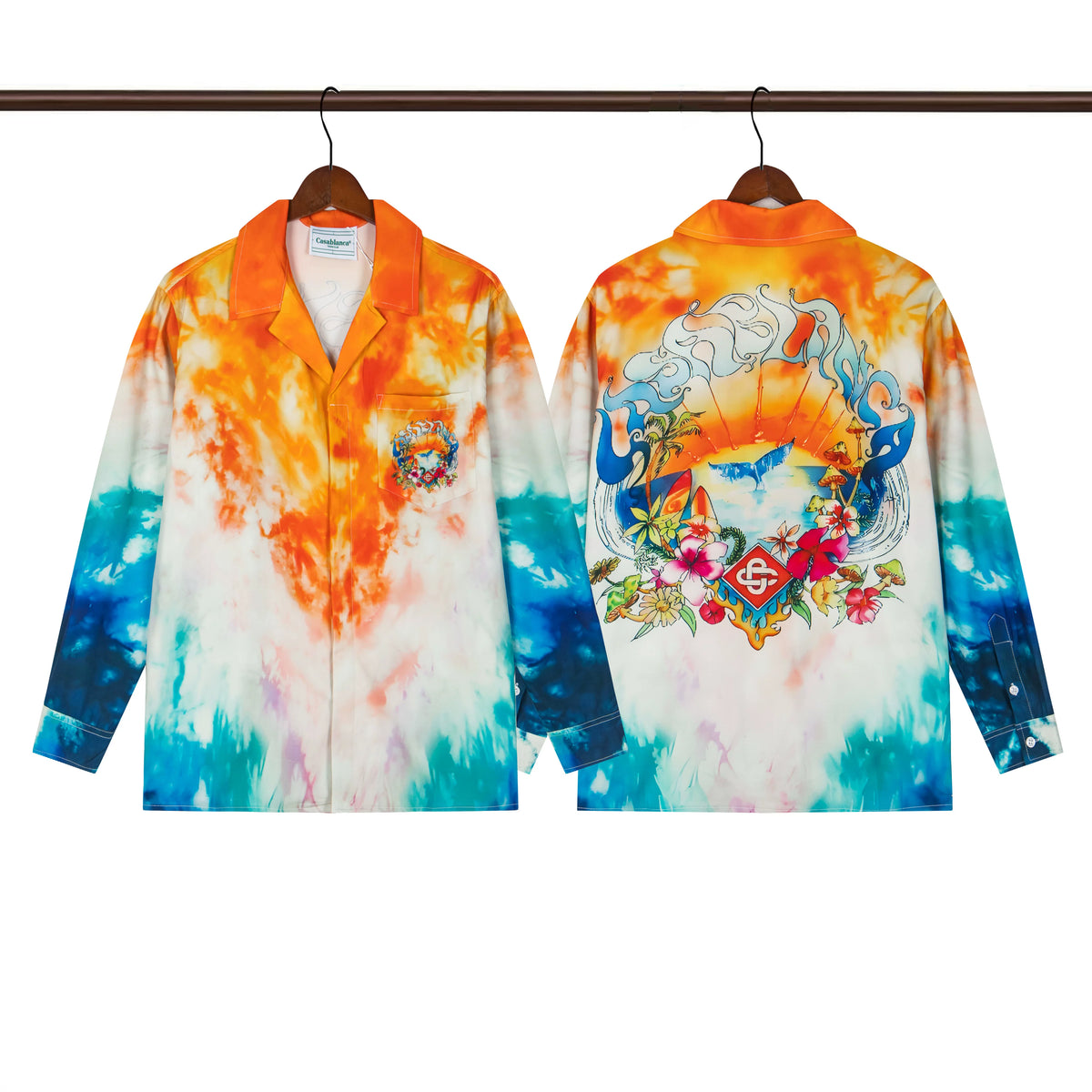 Casablanca Tie-Dye Flame & Floral Silk-Style Shirt - Multi