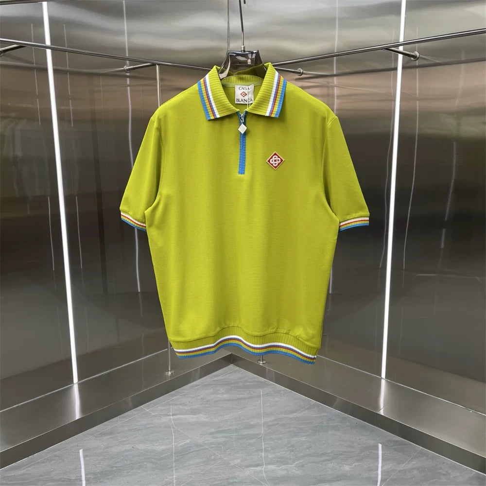 Casablanca Solid Knit Polo Shirt - Olive / Blue