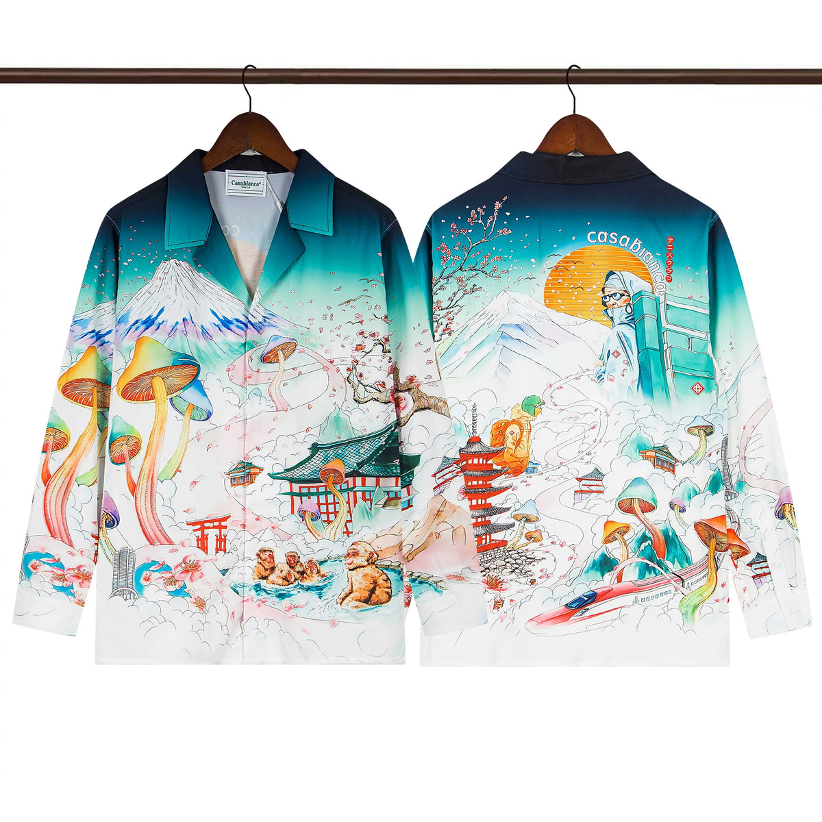 Casablanca Japanese Pagoda & Mountain Silk-Style Shirt - White / Green