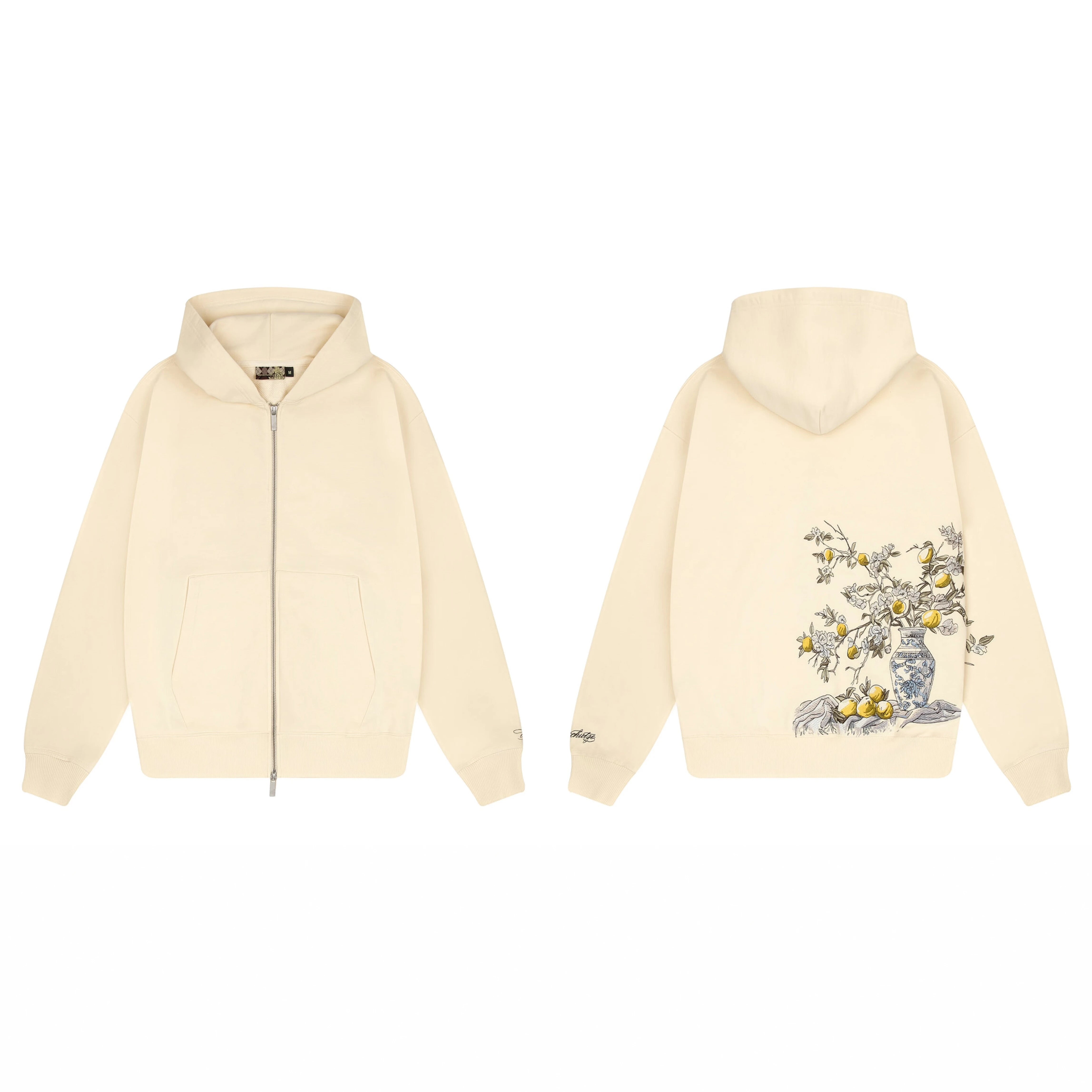 Derschutze Still Life Floral Vase Embroidery Zip-Up Hoodie - Cream