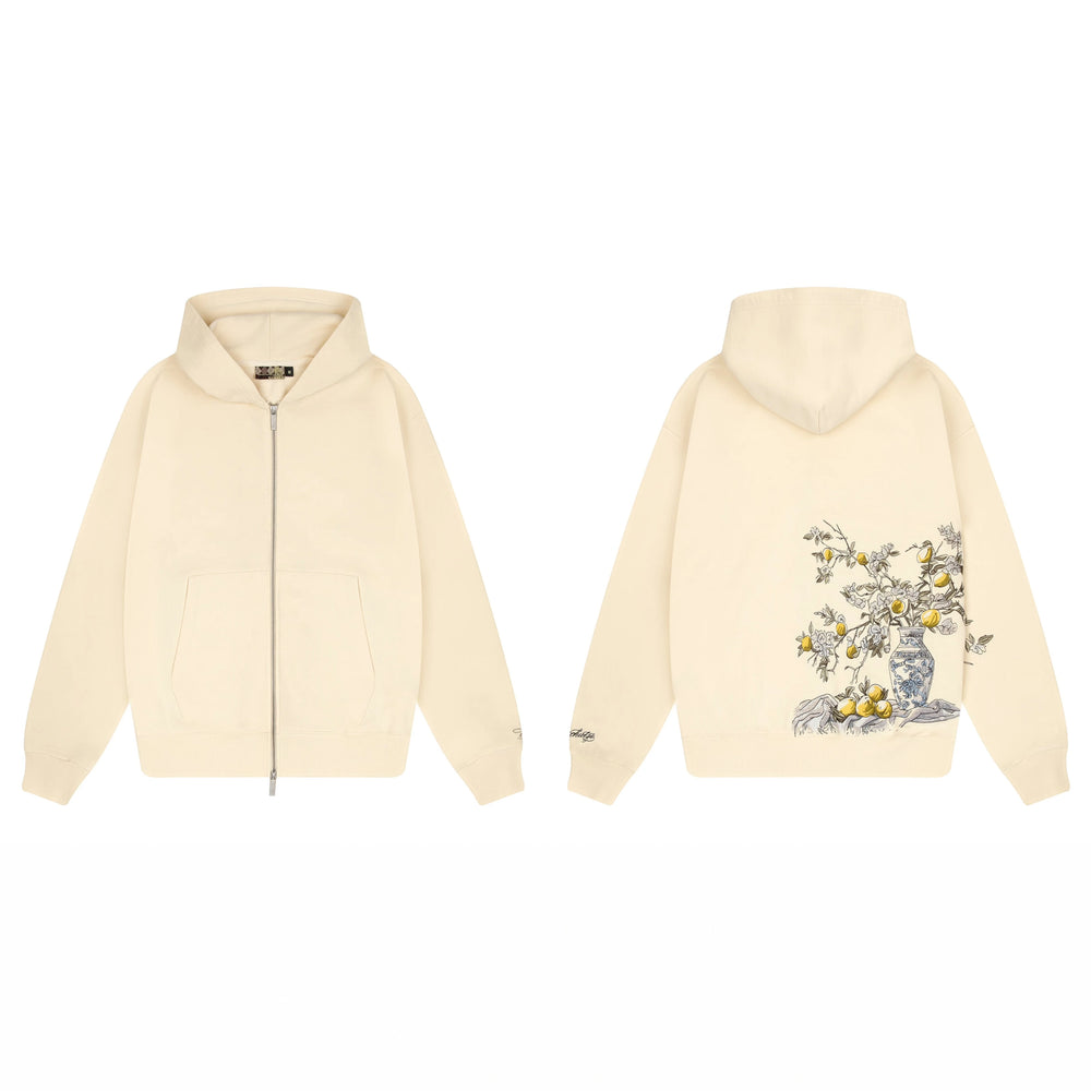 Derschutze Still Life Floral Vase Embroidery Zip-Up Hoodie - Cream