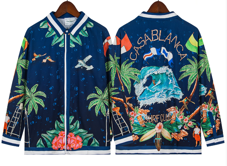 Casablanca Tropical Palm & Wave Silk-Style Shirt - Navy