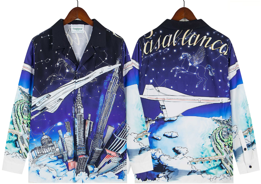 Casablanca Space Shuttle & Night Skyline Silk-Style Shirt - Navy / Blue
